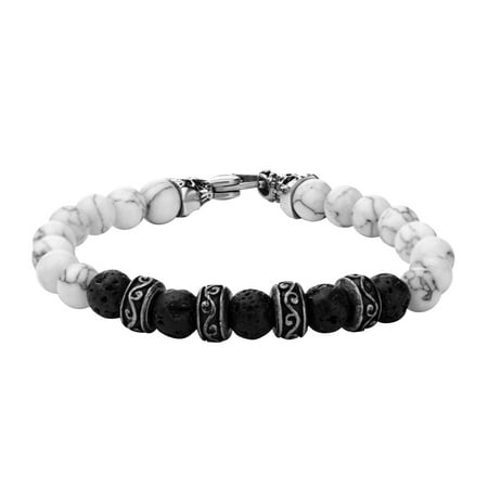 - Mens Stainless Steel Skull and 8mm Black Lava and White Howlite Beads Bracelet 8 1/2 inch long