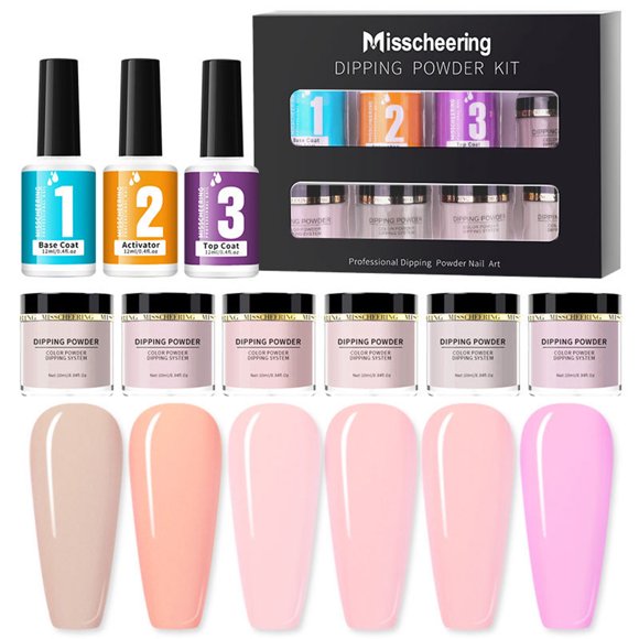 Dipping Nail Powder Kit Nail Art Glitter Powder Set 6 Colors for French Nail Extension Nail Manicure Set with Base Top Coat Activator No UV/LED Nail Lamp Needed