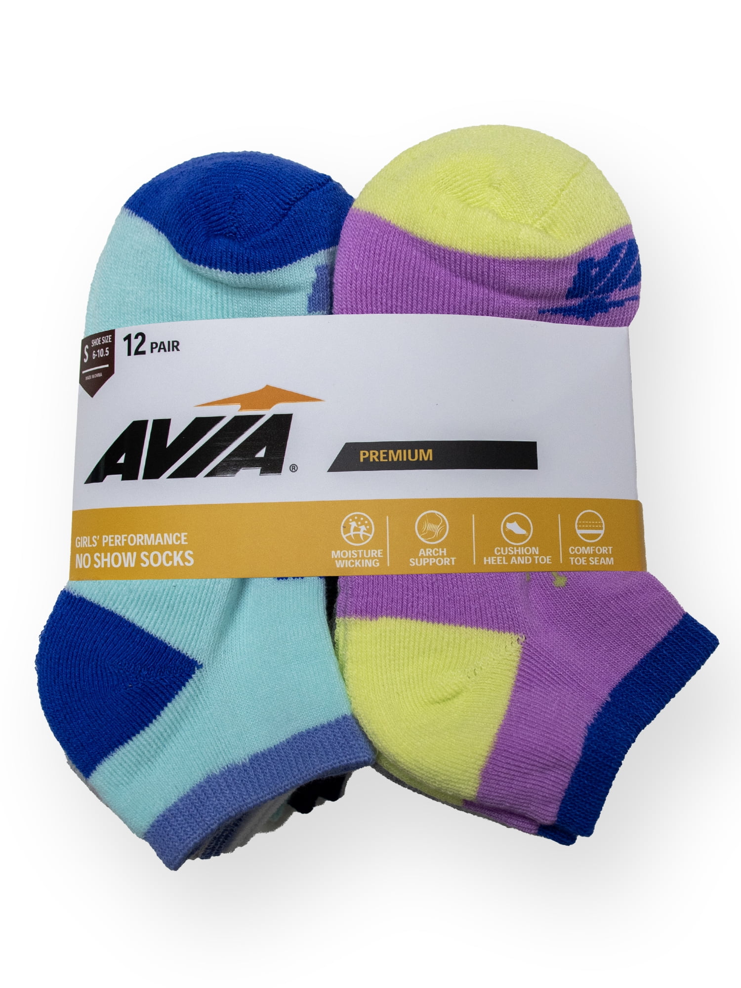 Avia Girls Performance Cushioned No Show Socks for Girls, Sizes S-L, 12 Pairs