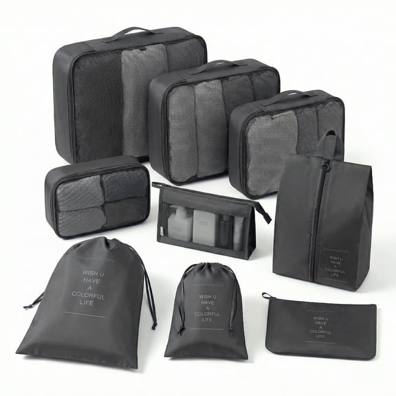 9-Piece Travel Packing Cubes Organizer Set with Shoe Bag and Toiletry Bag, Black