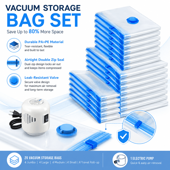 16 Pack Space Saver Vacuum Storage Bags with Electric Pump, Multi Size Compression Bags for Clothes, Bedding, Travel, Moving and Closet Organization