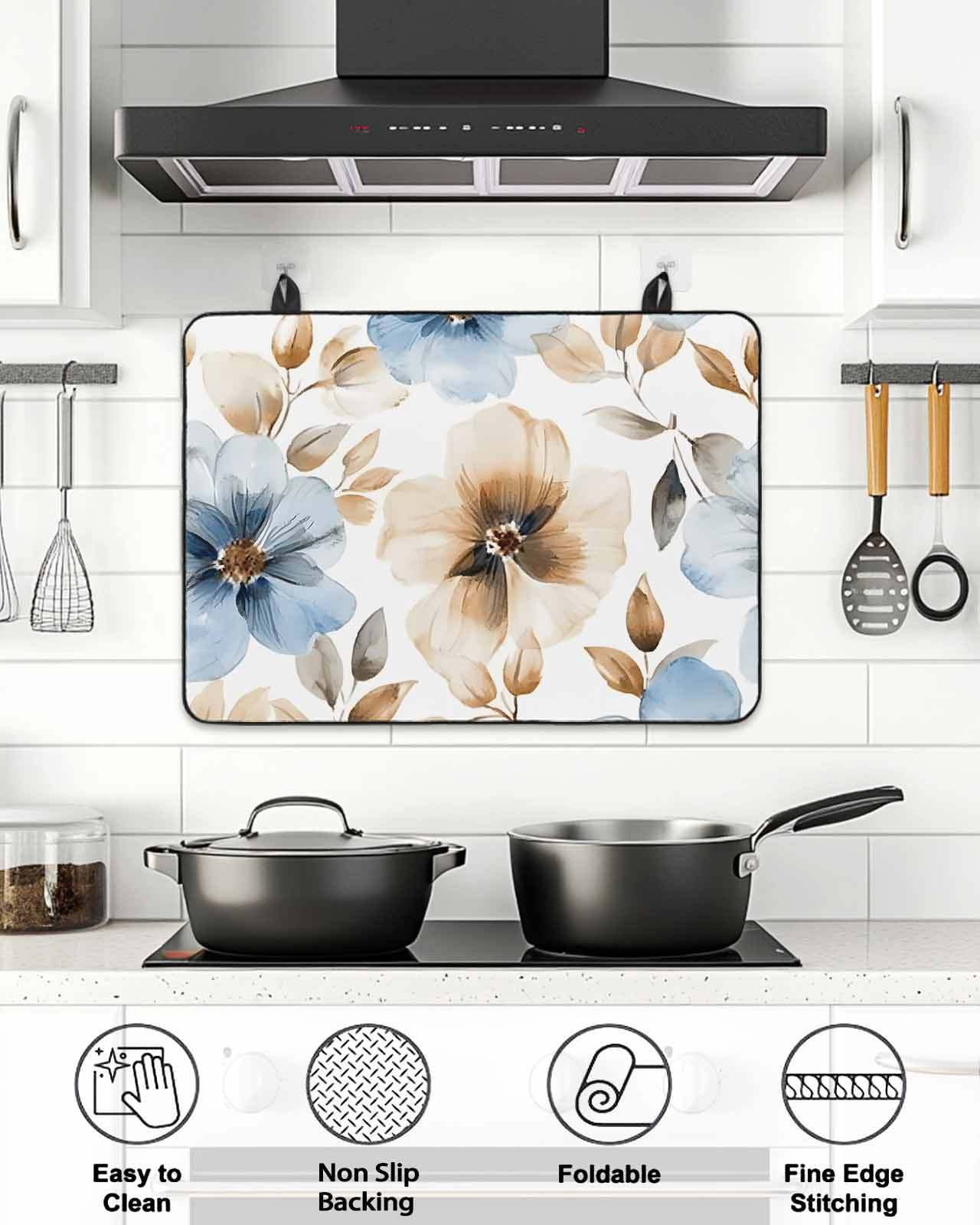 Stove Top Covers for Electric Stove, Blue Brown Spring Floral Glass Stovetop Cover Protector, Summer Botanical Watercolor Induction Cooktop Protector Oven Mat for Kitchen Countertop 24"x21"