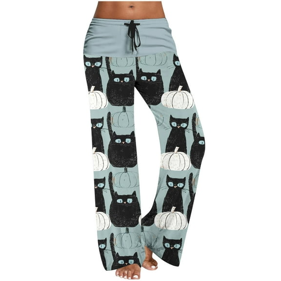 Alkepwun Casual Halloween Pumpkin Women Pajama Pants Bottoms Black Cat Yoga Stretchy Wide Leg Straight Leg Trousers