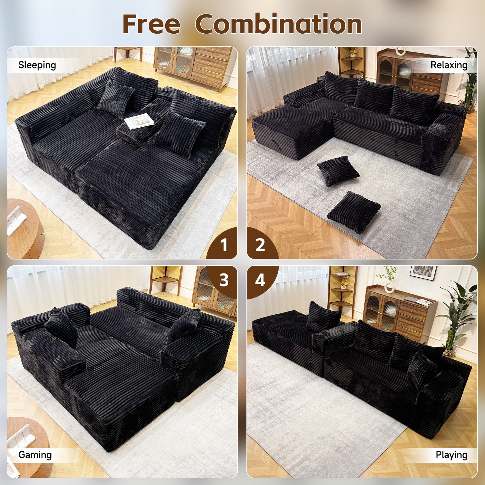 Kelyda 104'' Modular L-Shaped Sectional Sofa, Modern Memory Foam Deep Seat Corduroy Boneless Cloud Couch Black