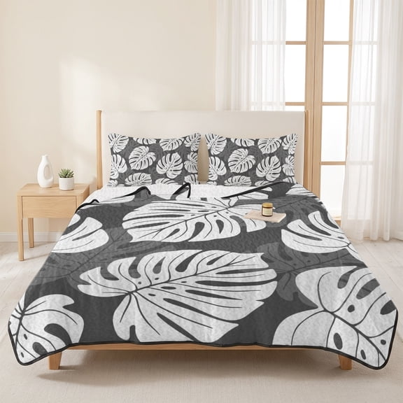 3 Pieces Queen Quilt Set,Monstera Ombre Gray Leaves Soft Bedding Sets with 1 Quilt & 2 Pillow Shams,Summer Tropical Botanical Summer Bedspread Lightweight Coverlet Comforter for All Season
