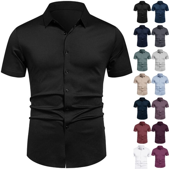 Mens Muscle Fit Short Sleeve Button Down Shirts Wrinkle Free Business Casual Dress Shirts Stretch Lightweight Breathable Untucked Tops Summer Office Party Wear