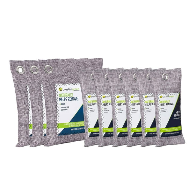 Breathe Green Bamboo Charcoal Bags Odor Absorber (9-Pack) Activated Charcoal Odor Eliminator Bag, Natural Freshener Removes Odors and Moisture, Odor Eliminator for Home, Pets, Shoes, Closet, RV