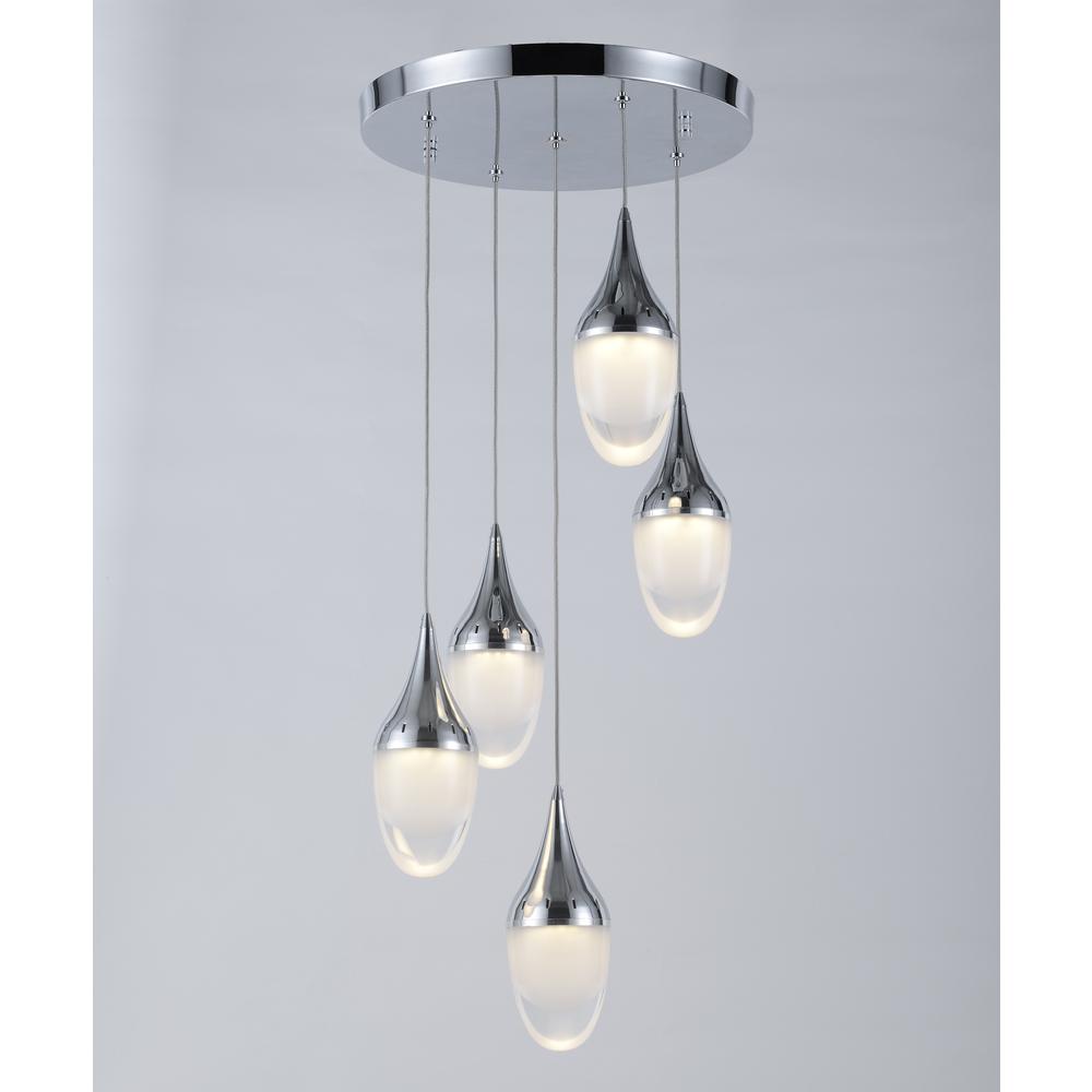 Droplet 5 Light Polished Chrome Finish LED Iced Opal Glass Cascade Pendant Ceiling Light D14" x