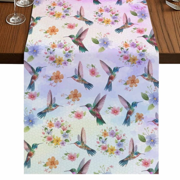 Table Runners 72 Inches Long Dress Scarves, Pink Purple Hummingbird Farmhouse Kitchen/Dining Table Runner, Coffee Tablerunners, Spring Watercolor Flowers Leaf Plant 13x72 Inch
