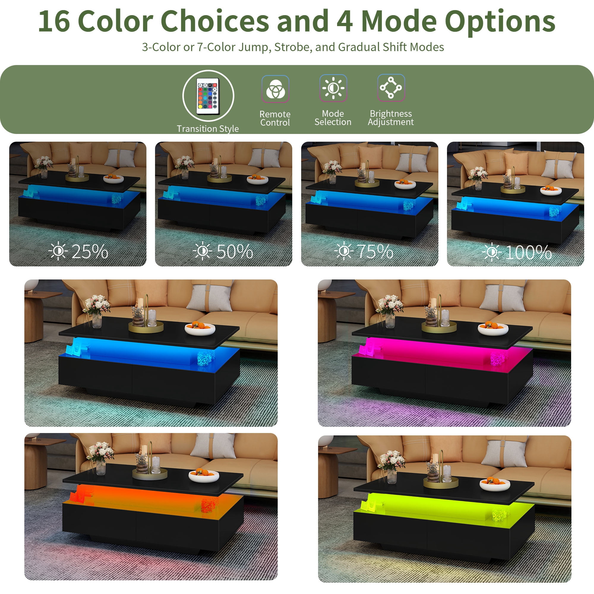 Uforic LED Lift Top Coffee Table, Modern Living Room Tables with 4 Spacious Drawers, Black