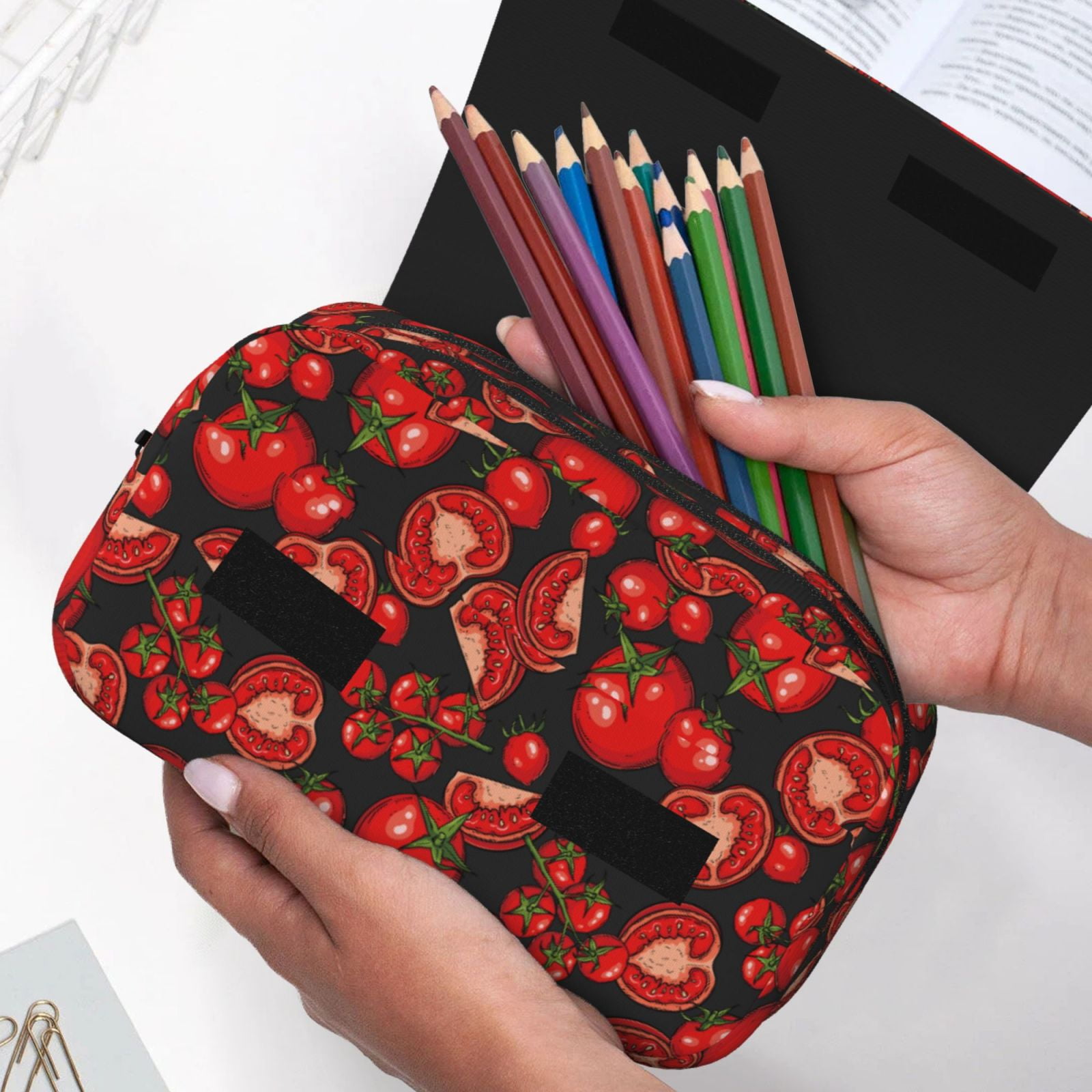 Rateoe Tomato Pattern Double Clamshell Pen Case, Storage Organizer with Two Zipper Compartments– Holds Up to 50 Pencils & Pens