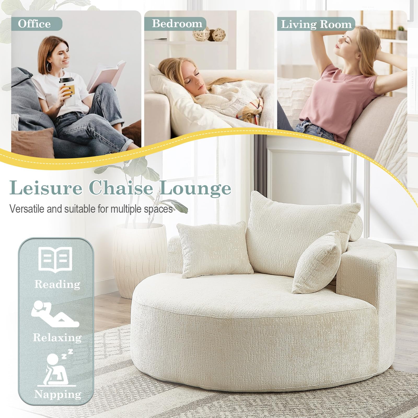 Aukfa 55" Oversized Chenille Chaise Lounge Chair Indoor, Round Boneless Sleeper Chair with Deep Seat & Pillows, Beige