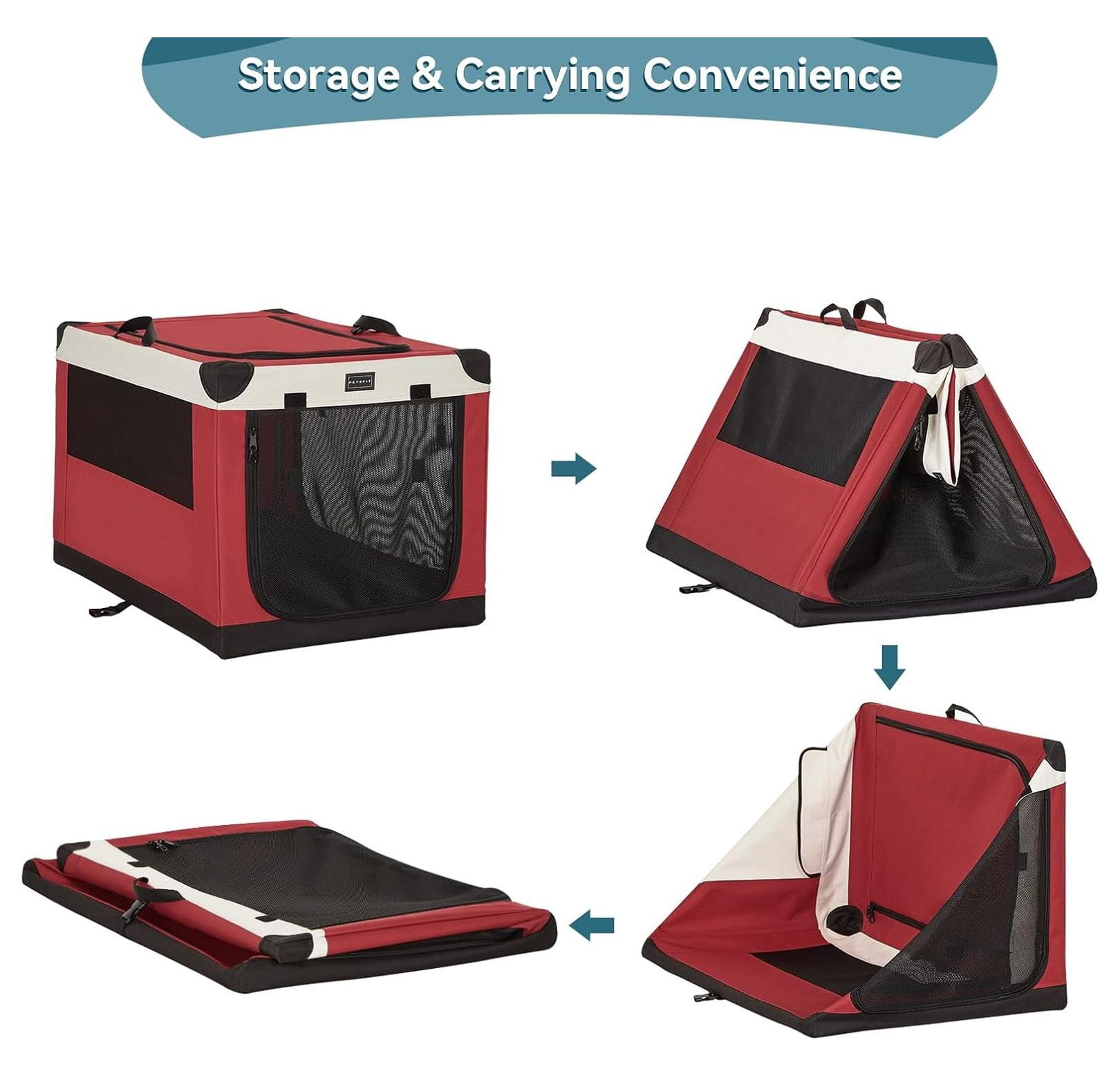 26" Soft Portable Dog Crate – Patented Spiral Sturdy Frame, Collapsible Travel Kennel for Small Dogs, 3 Mesh Door, Lockable Zippers, Indoor & Car Use Red