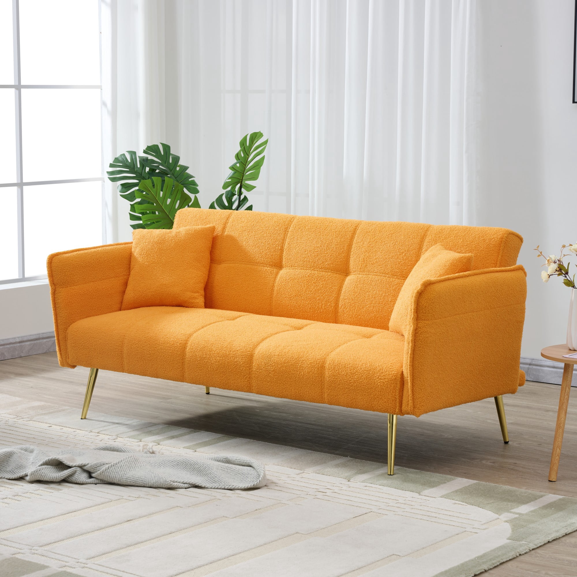 Gewnee Futon Sofa Bed, Convertible Double Sofa Bed with Folding Armrests - Teddy Velvet Fabric & Sturdy Wood Frame for Living Rooms & Small Spaces，Yellow
