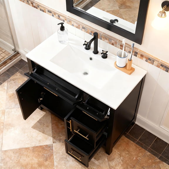 SogesPower 36" Bathroom Vanity with Ceramic Sink, Solid Wood Bathroom Makeup Cabinet with 2 Doors and 3 Drawers, Modern FreeStanding Single Basin Vanity Set for Bathroom, Black