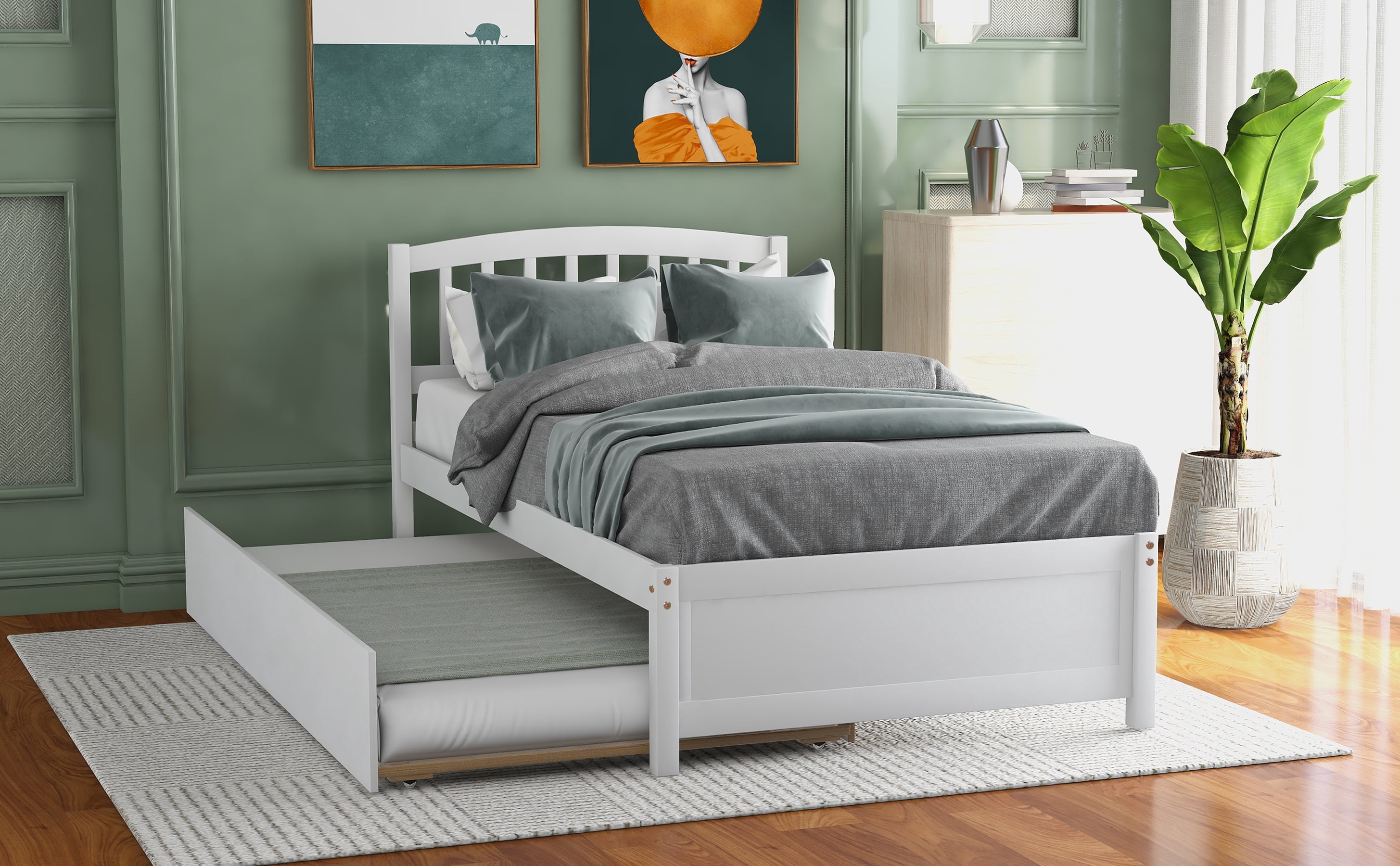 Mintazer Twin Size Platform Bed Frame with Trundle & Curved Slatted Headboard for Kids Teens Adults Bedroom, No Box Spring Needed, White