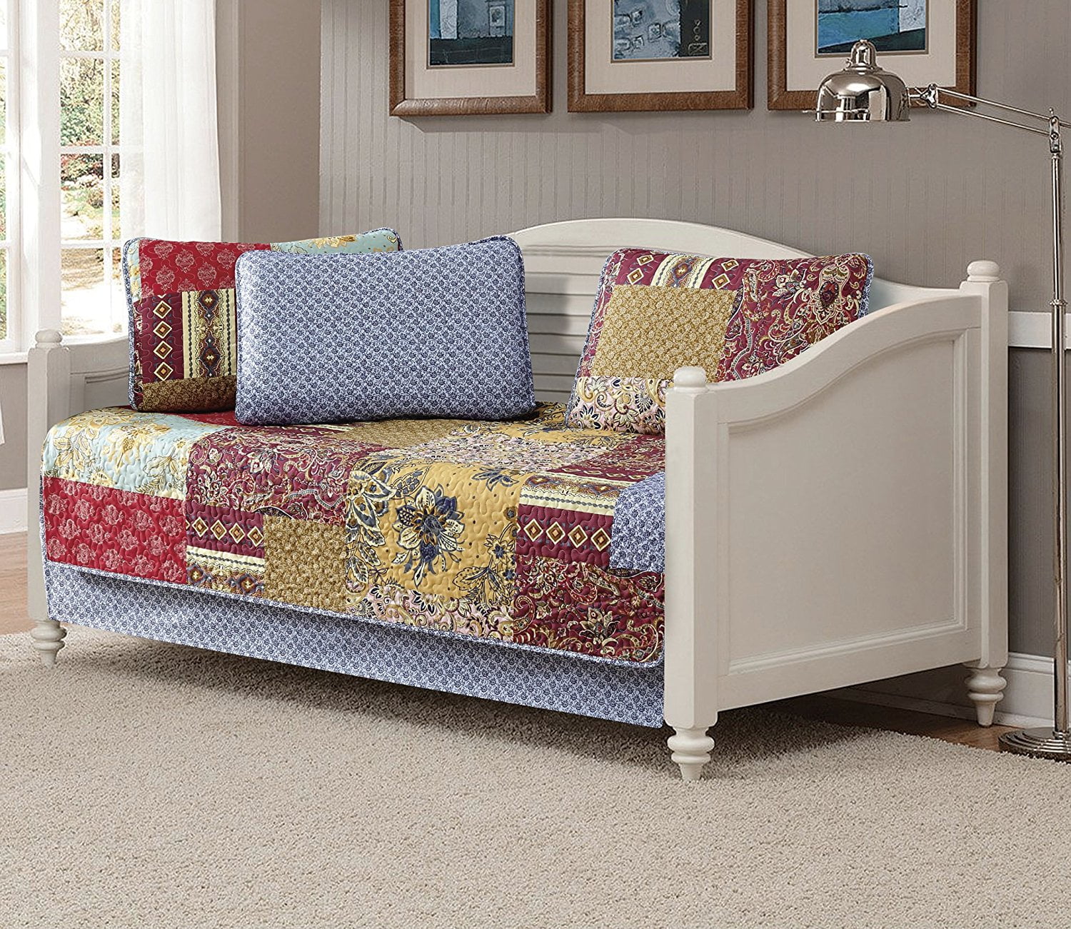 Fancy Collection 5pc DayBed Quilted Bedspread Coverlet Set Patchwork Floral Burgundy Off White Pink Beige New Fancy Collection 5pc DayBed Quilted Bedspread Coverlet Set Patchwork Floral Burgundy Off White Pink Beige New