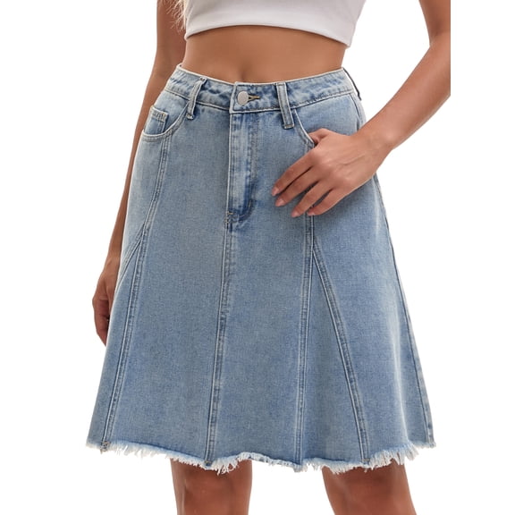 DARING DIVA Women's Denim A Line Flared Raw Hem Jean Skirts Small Light Gary Blue
