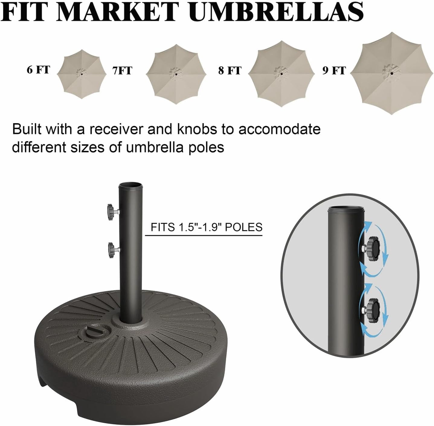Water Filled Patio Umbrella Base Heavy Duty HDPE Outdoor Umbrella Stand with Dual Locking Knobs, Weather Resistant Holder, Black