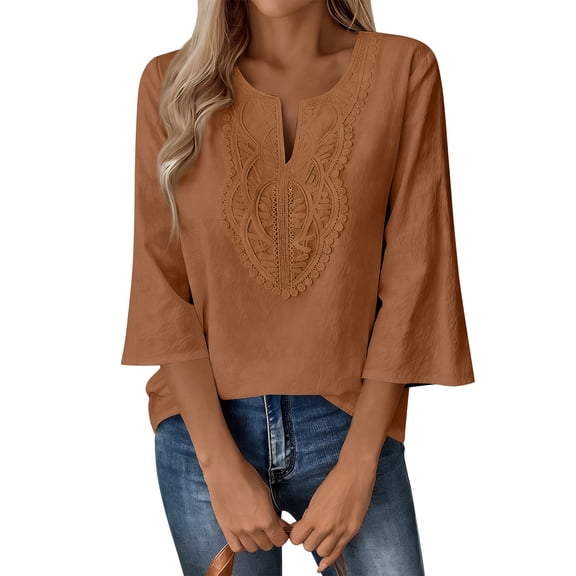 Gaukiv Womens Three Quarter Sleeve Tops Embroidered Linen Blouses Split Neck Tunics Light Brown 3XL