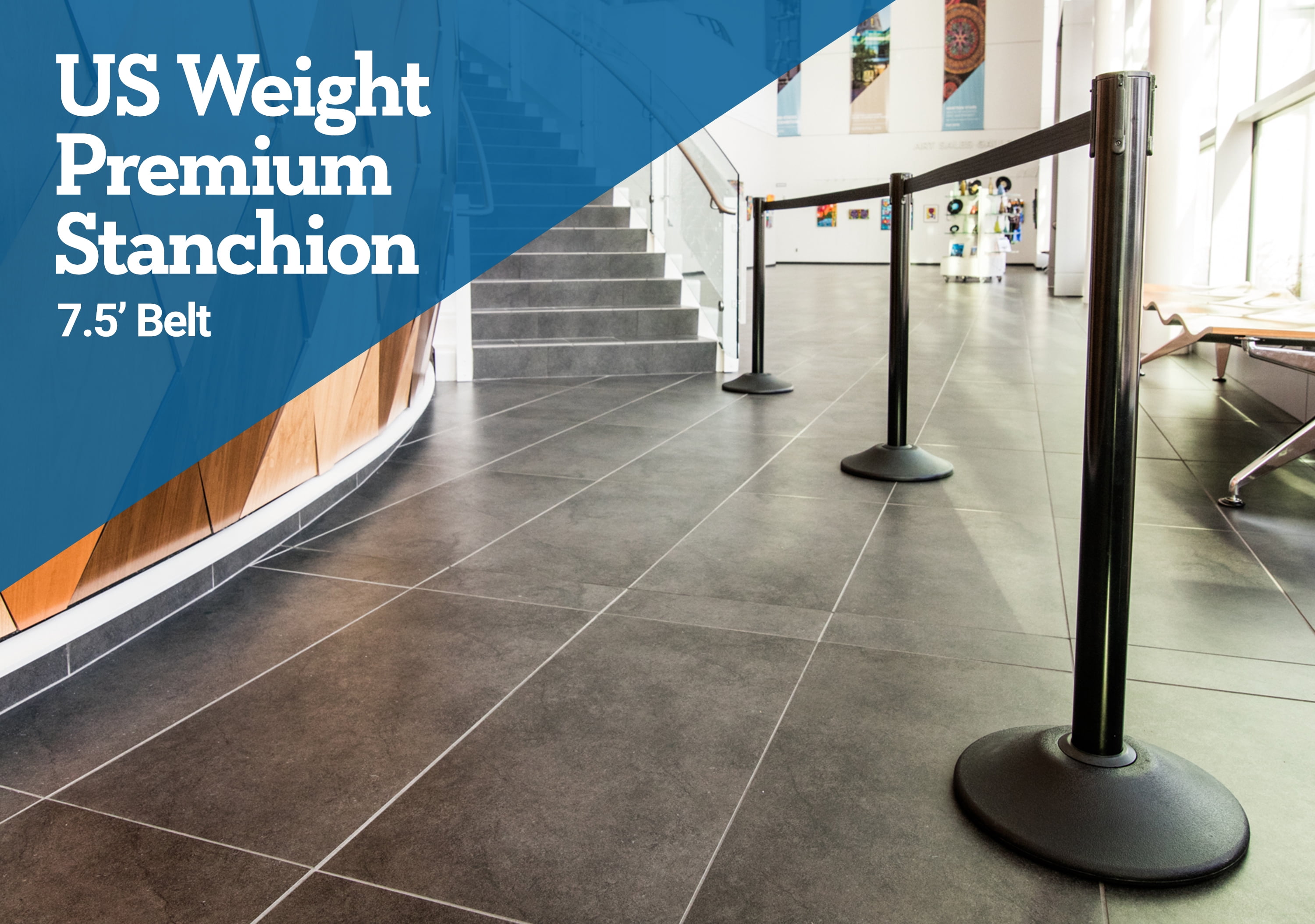 US Weight Heavy Duty Premium Black Steel Stanchion with Blue 7.5-Foot Retractable Belt- 6 PK
