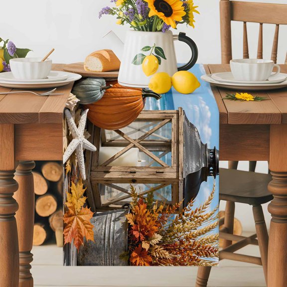 Thanksgiving Pumpkin Blue Ocean Table Runner 36 Inches Long, Vintage Wooden Plank Table Runners Tabletop Scarf Kitchen Dining Tables Decoration for Home Party Indoor Outdoor