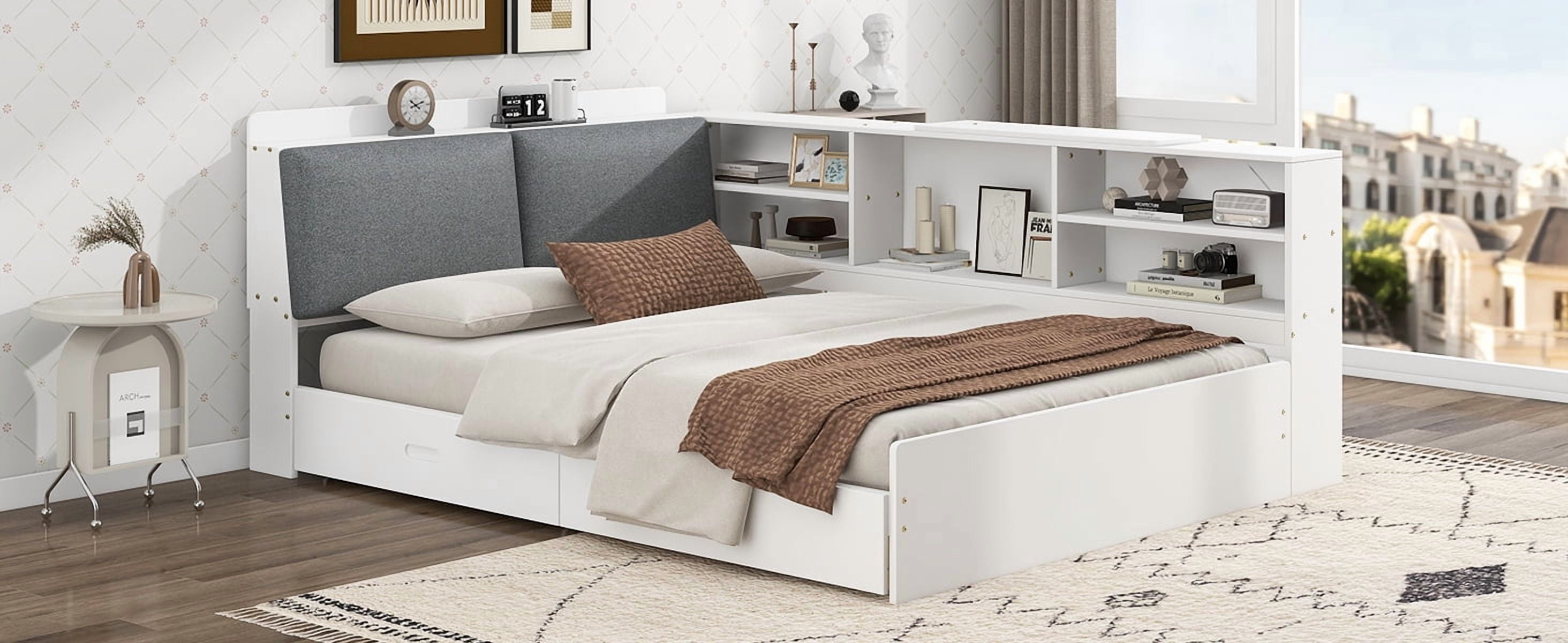 MAYEERTY Wood Full Size platform bed with Storage Headboard, Shelves and 2 Drawers, White