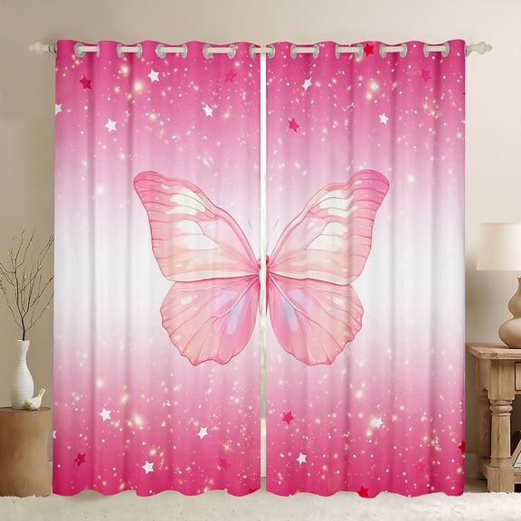 Homewish Flying Butterfly Black Out Curtains For Children Teens Female,Stars Bling Glitter Curtains Pack of 2 (42x63 Each),Gradient Ombre Pink Bedroom Curtains,Microfiber Bedroom Decor