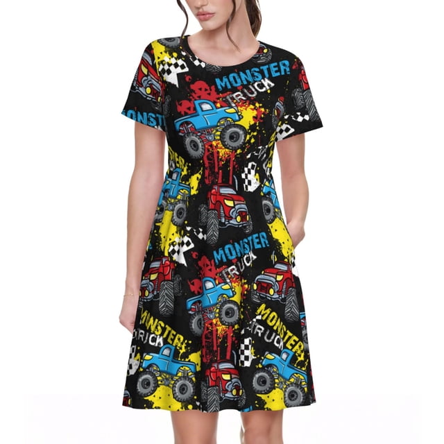 Bixox Robe d'Été à Manches Courtes pour Femmes Robe Ample Longueur Genou avec Poches-Monster Car