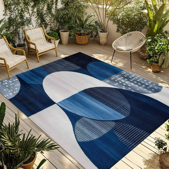 Fsddascl Navy Blue Boho Outdoor Rug for Patio/Deck/Porch, Non-Slip Large Area Rug 4 x 6 Ft, White Circle Abstract Art Indoor Outdoor Rugs Washable Area Rugs, Reversible Camping Rug Carpet Runner