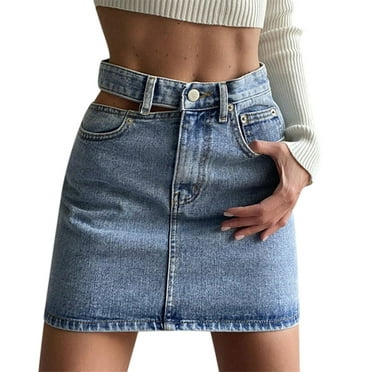 IROINNID Women's High Waist Casual A-Line Denim Sexy Jean Skirt Short Empire Waist Mini Solid Color Skirt