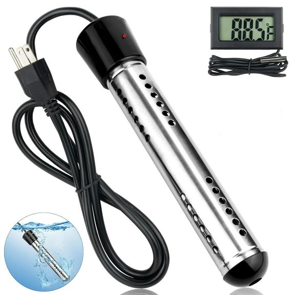 NEPIVEL Immersion Water Heater 2000W, Portable Submersible Water Heater with Full 304 Stainless Steel Guard and LCD Thermometer, Fast Heating for Bucket, Bathtub, Small Pool, Black