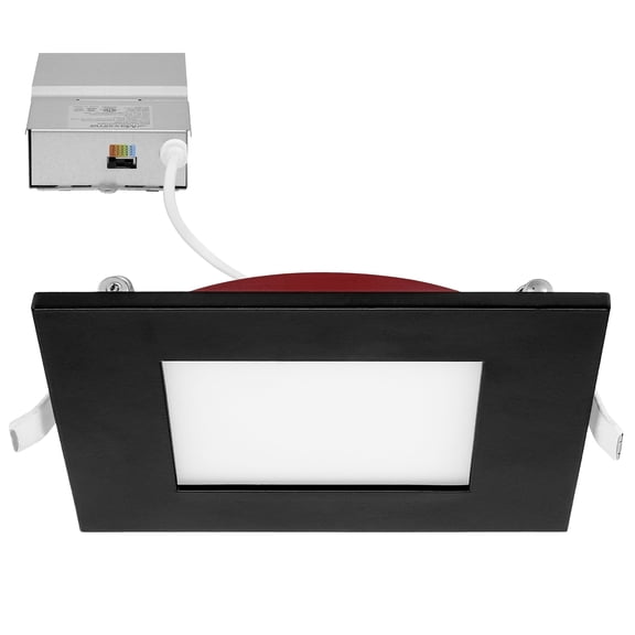 Maxxima 4 in. 2 Hour Fire Rated Slim Square Recessed LED Downlight, Black Trim, Canless IC Rated, 800 Lumens, 5 CCT Color Selectable 2700K-5000K