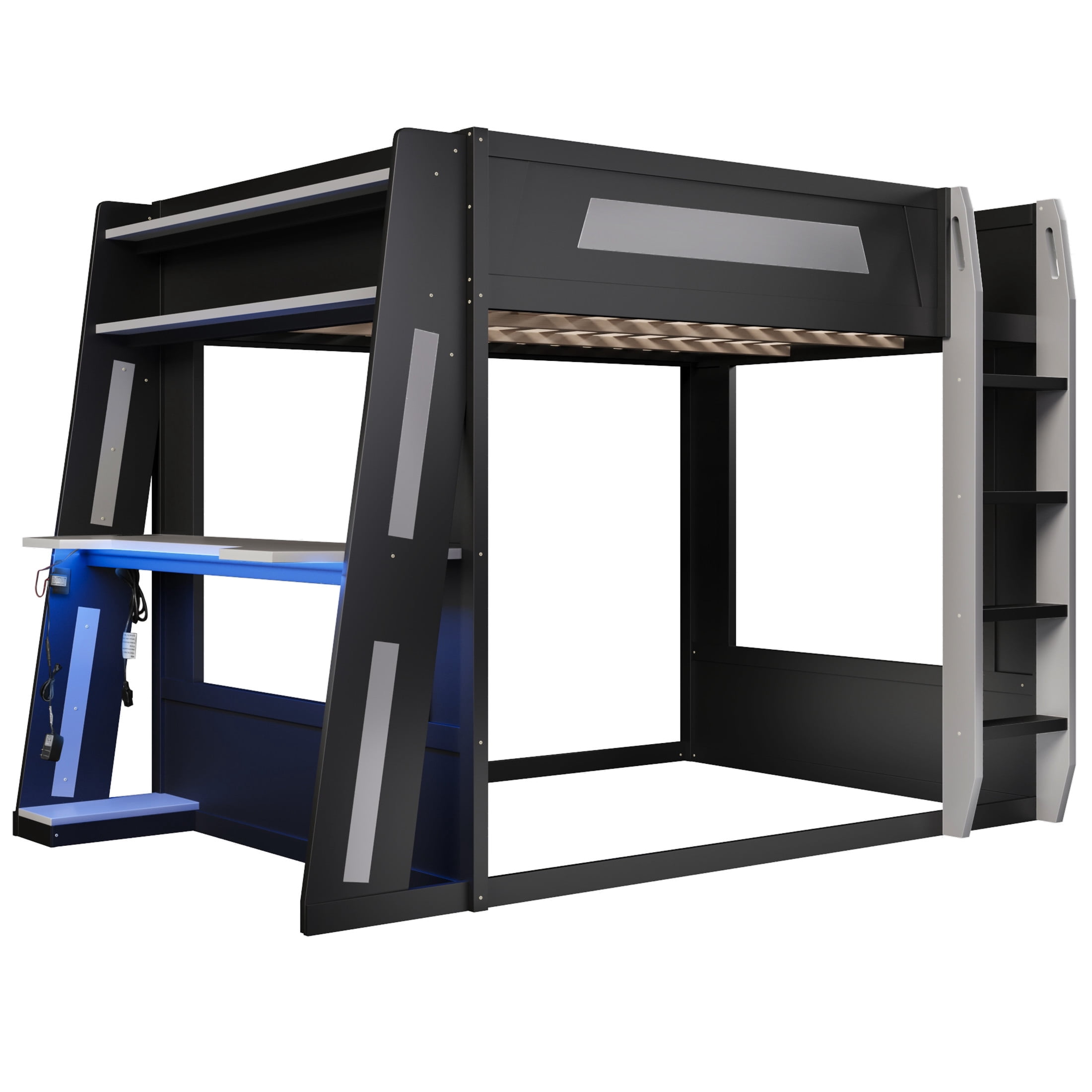 Noble House Nira Queen Gaming Bunk Bed with Desk and LED Lights, Wood Loft Bed with Charging Ports, Black and Gray