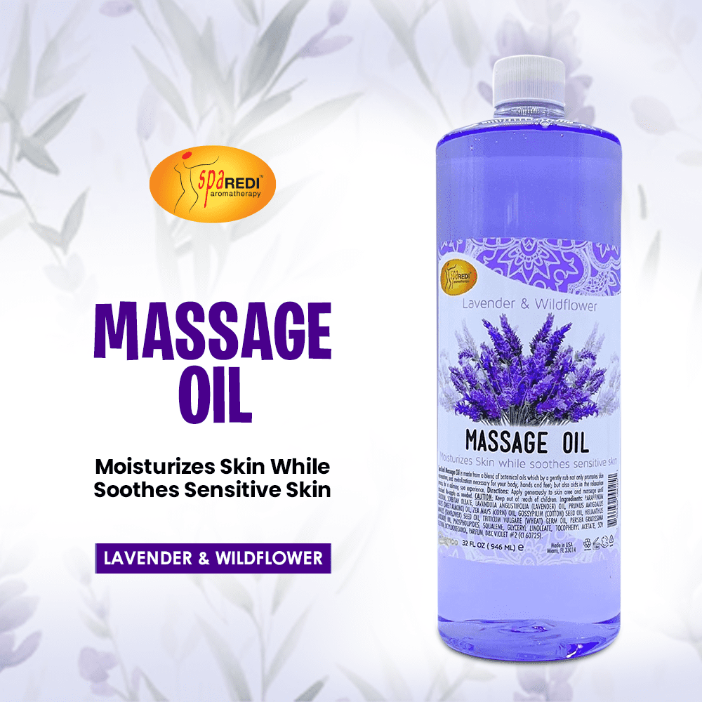 SPA REDI - Massage Oil, Lavender, 32 Oz - Professional Full Body Massage Therapy, Manicure, Pedicure - Relax Sore Muscles and Repair Dry Skin, Enhanced with High Absorption Oils and Vitamin E