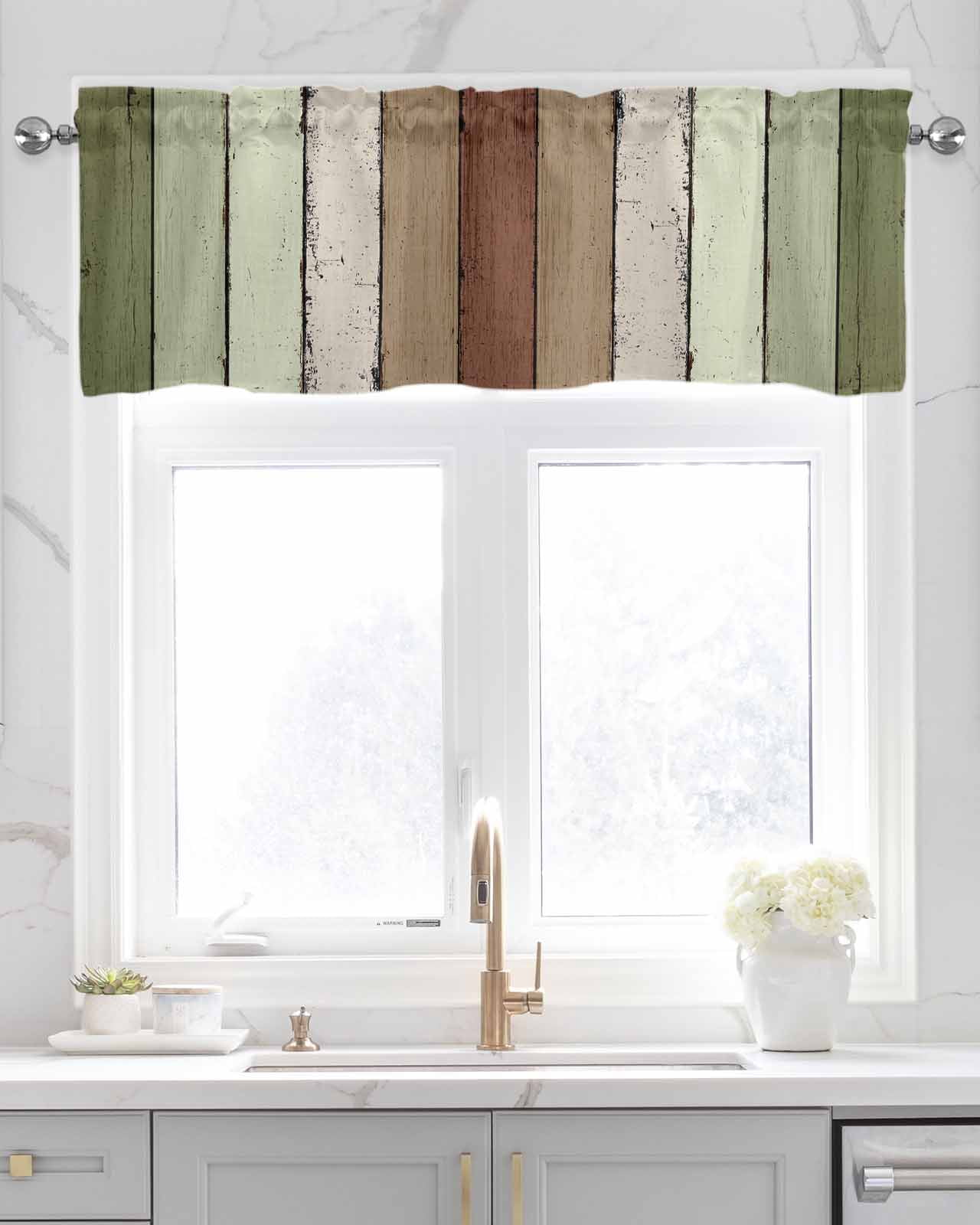 Sage Green Kitchen Valances for Windows Farmhouse Linen Window Valance Curtain for Living Room Window Treatment Farmhouse Wood Grain Vintage Brown Striped Valance Rod Pocket Topper, 42 x 18 Inch