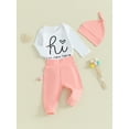 thumbnail image 3 of FEORJGP Infant Baby 3 Piece Clothes Outfits 3M 6M 9M 12M Newborn Boys Girls Long Sleeve Rompers Letter Print Jumpsuit and Elastic Pants Beanie Hat Set for Toddler Clothes, 3 of 9