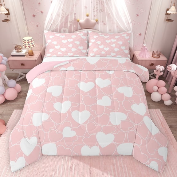 Feelyou Cartoon Love Heart Full Size Comforter Sets, Girly Pink Artwork Bedding Comforter Set, Teens Kids Boys Girl Reversible Bedding Sets, Ultra Soft Bedroom Decor, 3-Piece