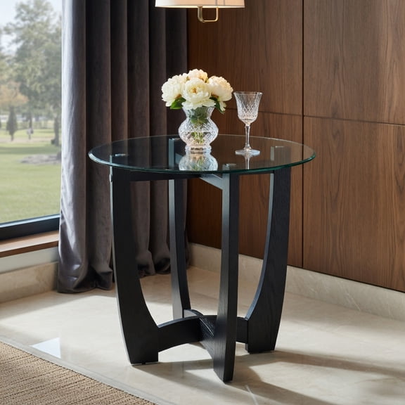 Topcobe 23.5 Inch Round End Side Table with Tempered Glass Tabletop, Modern Furniture for Indoor, Living Room-Black