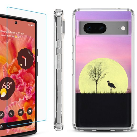 OneToughShield ® for Google Pixel 7a Shockproof Bumper Phone Case, with Tempered Glass Screen Protector - Moonlight Flamingo
