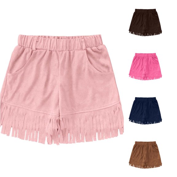 WAYUTE Girls Shorts Bohemian Style Fringe Elastic Waist Solid Color Denim Shorts for Kids Youth Summer Festival Stage Show Casual Outdoor,Pink