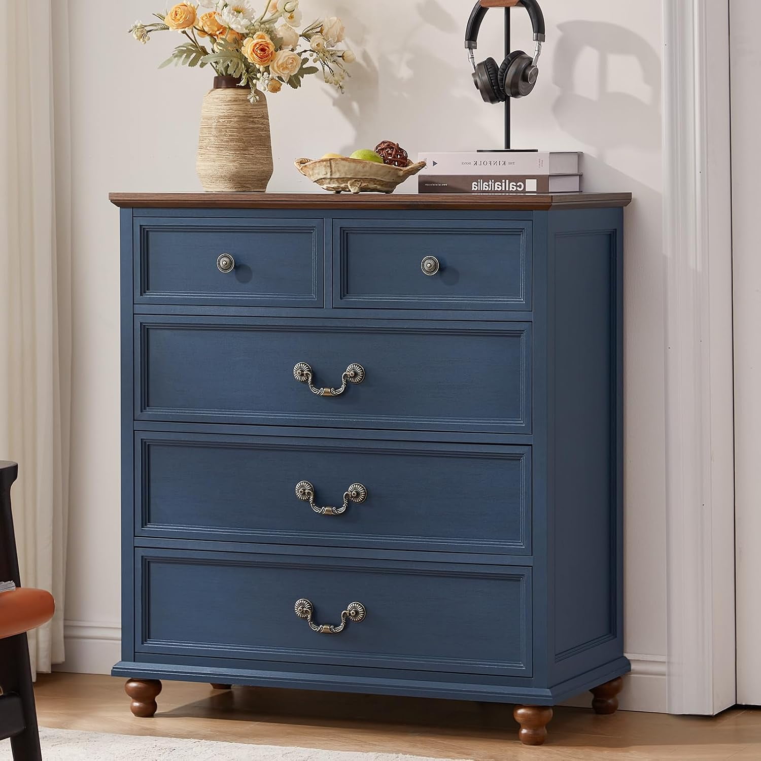 Farmhouse 5 Drawer Dresser for Bedroom 35 Tall Rustic Chests of Drawers w/ 4 Solid Wood Feet Mid Century Modern Wooden Closet Storage Dressers Organizer for Living Room Hallway Blue
