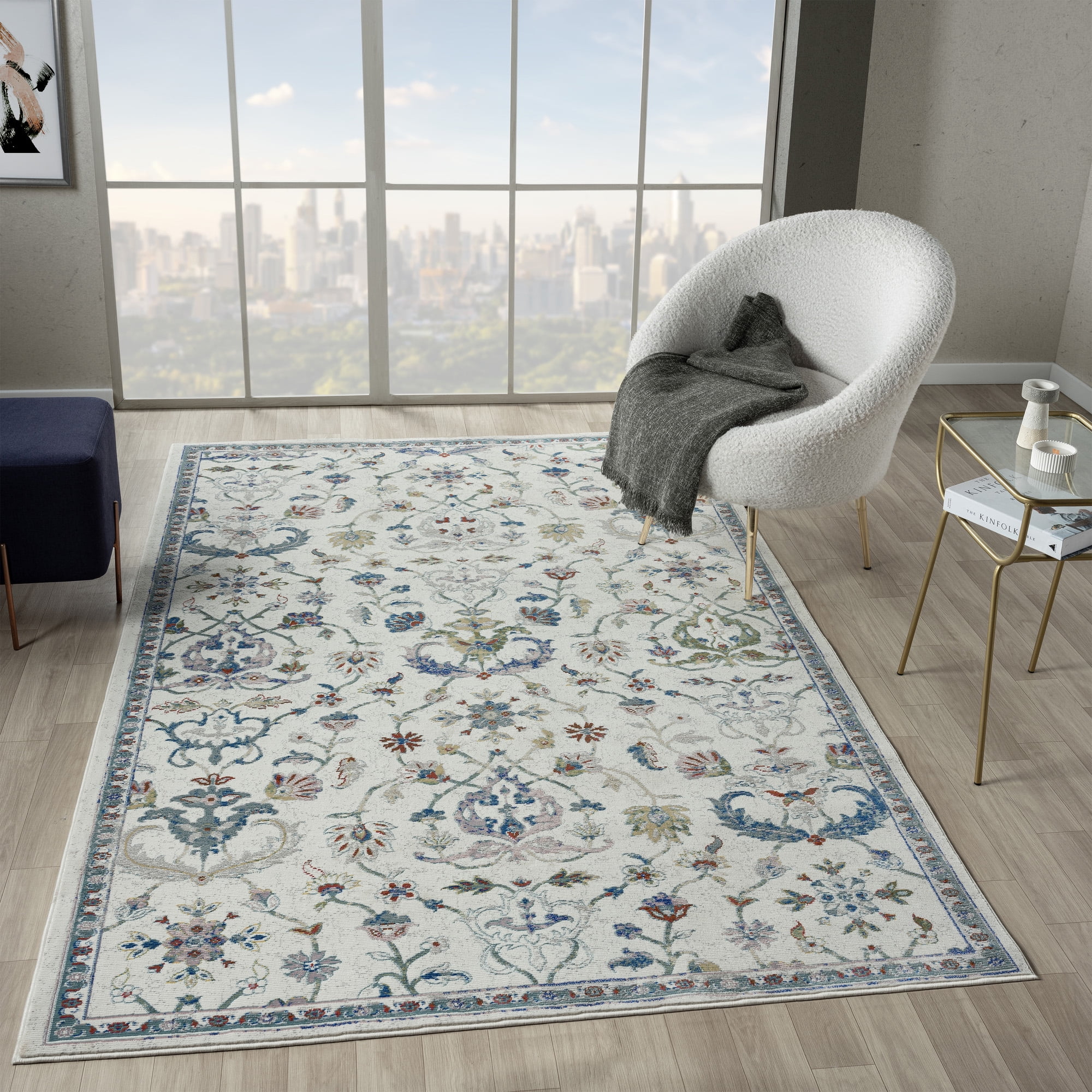 LR Home Ada 7'9" x 9'9" Ivory Distressed Floral Indoor Area Rug