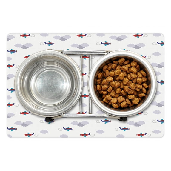 Nursery Airplane Pet Mat for Food and Water, Little Colorful Cartoon Planes in Sky with Greyish Clouds Transport Theme, Non-Slip Rubber Mat for Dogs and Cats, 18" X 12", by Ambesonne