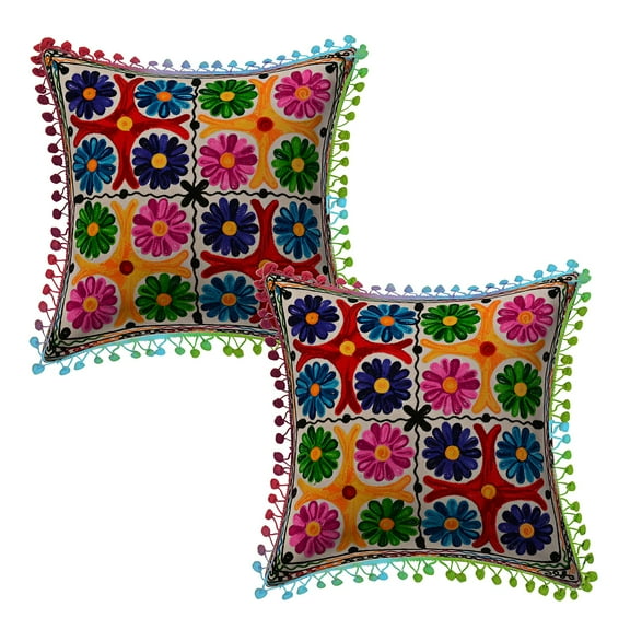 Stylo Culture Indian Decorative Throw Pillow Covers 16 x 16 Suzani Embroidered Multi Color Ethnic 40cm x 40cm Pom Pom Lace Cotton Floral Square Cushion Covers | Set Of 2
