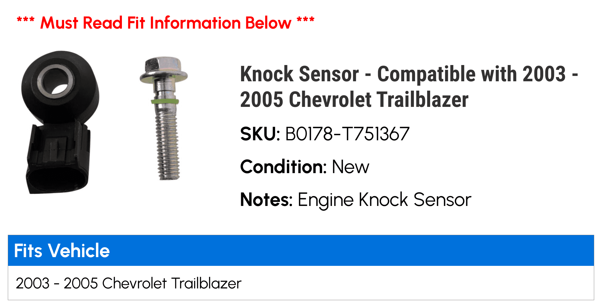 Knock Sensor - Compatible with 2003 - 2005 Chevy Trailblazer 2004