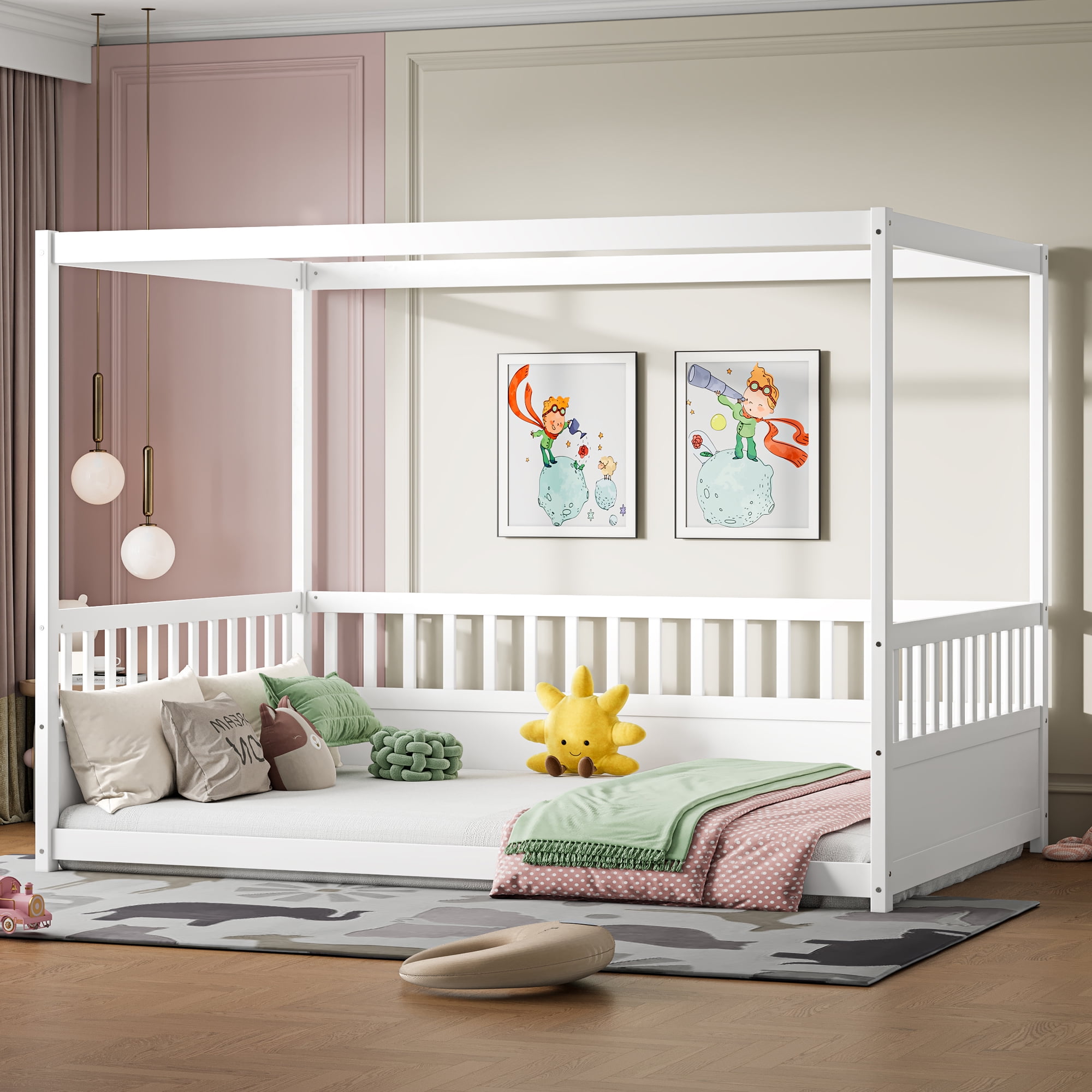 Canopy Bed Frame with Guardrails for Kids, Full Size Floor Bed with Four Poster Design, White Pine Wood Montessori Bed, Low Profile Floor Bed with 21.45-Inch Guardrail