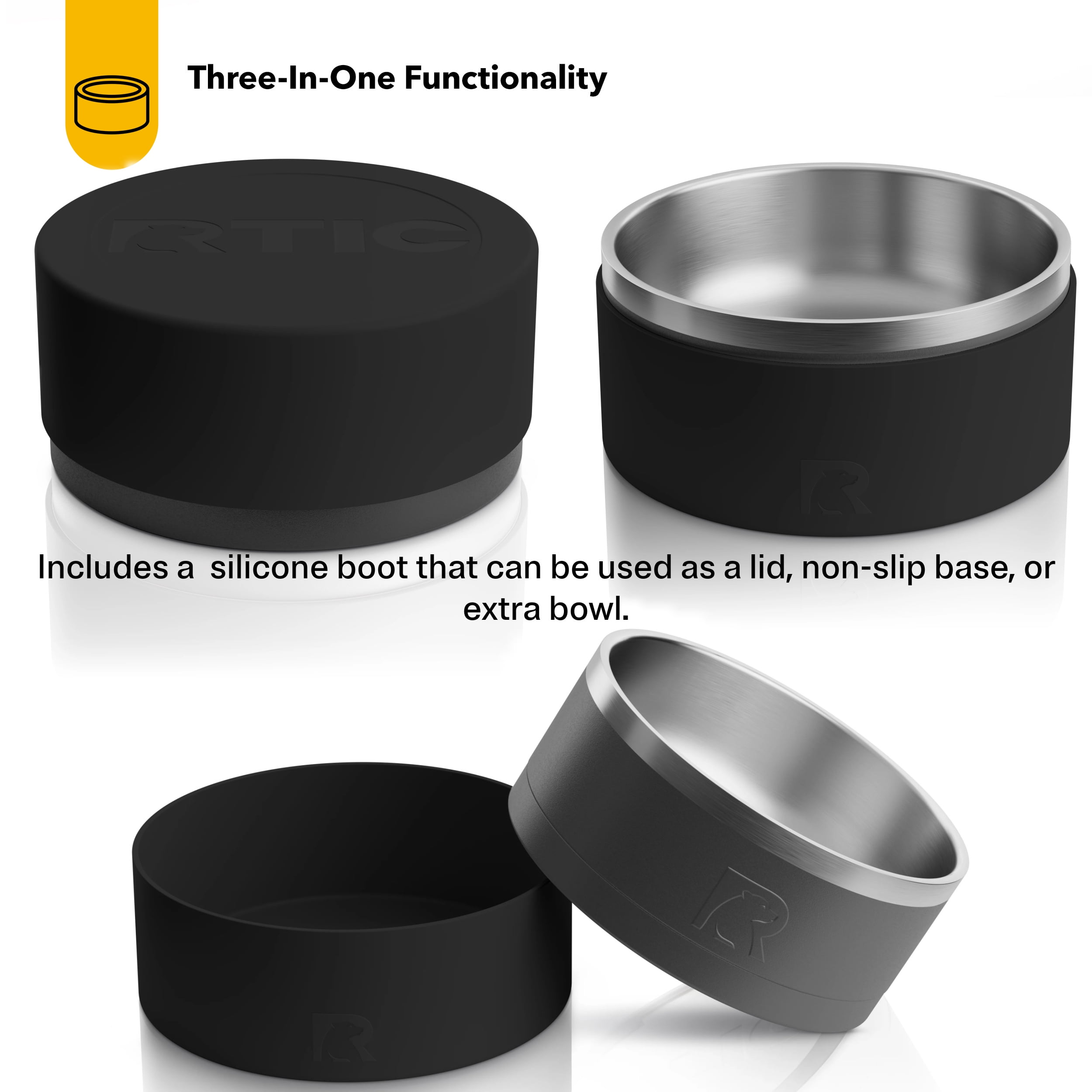 RTIC 3-in-1 Dog Bowl, Large, Stainless Steel Insulated Bowl, Silicone Lid, Black & Black