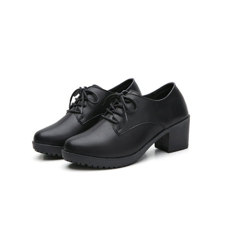 

Colisha Ladies Faux Leather Shoes Comfort Block Heels Lace Up Work Shoe Walking Slip Resistant Loafers Plush Lined Casual Loafer Lace Up Black 6