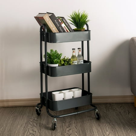 Walsport Best Rubbermaid Mobile Storage Decorative 3-Tier Metal Rolling Utility Trolley Cart With Handle for Kitchen Living Room, Gray